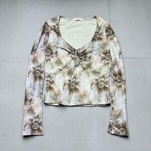 Y2K Floral Sheer Sleeve Scrunched Tie Front Top Size Medium Sage